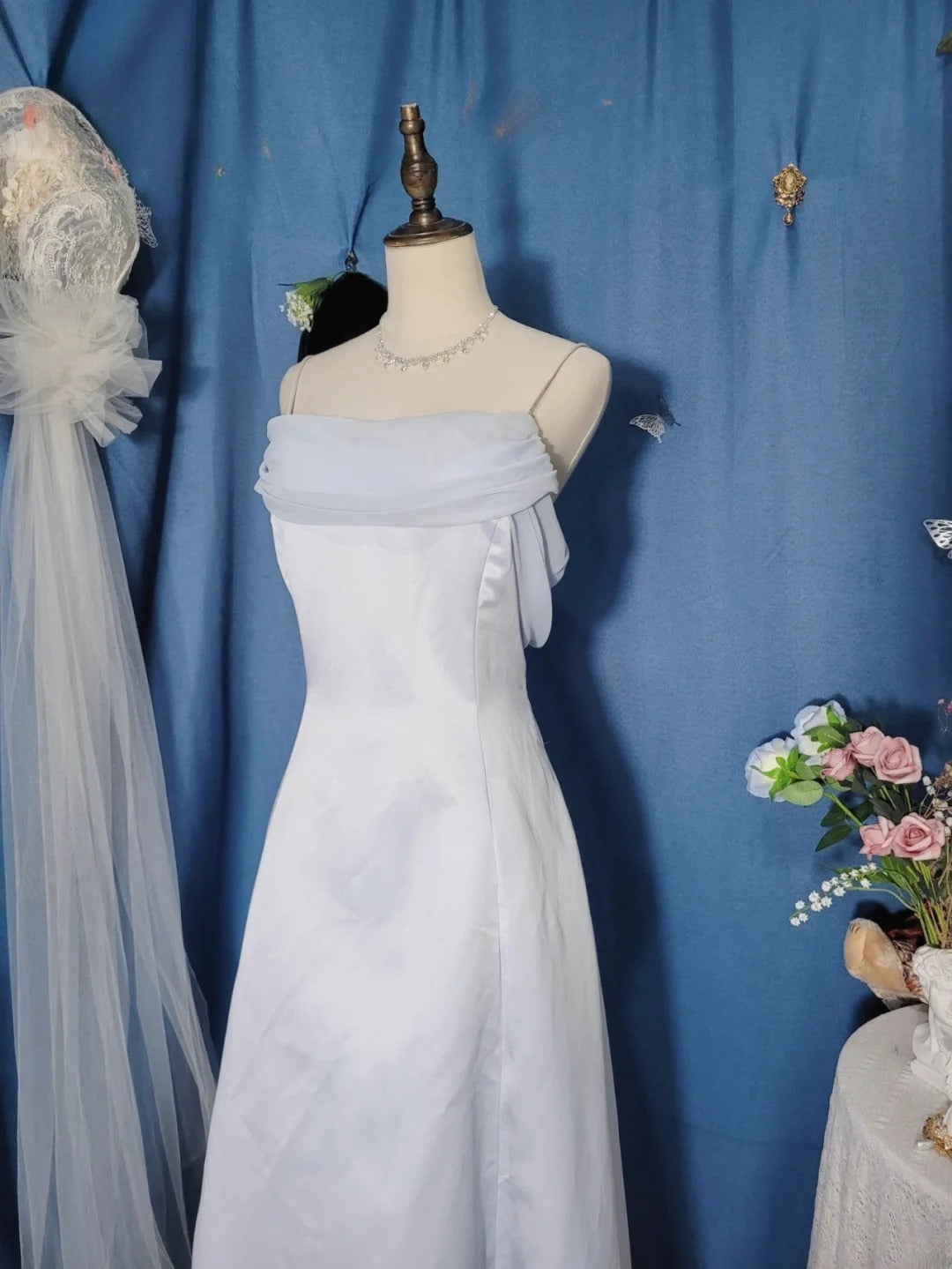 Elegant A Line Spaghetti Straps Light Sky Blue Chiffon Prom Dress Floor Length Evening Party Gown RB9688