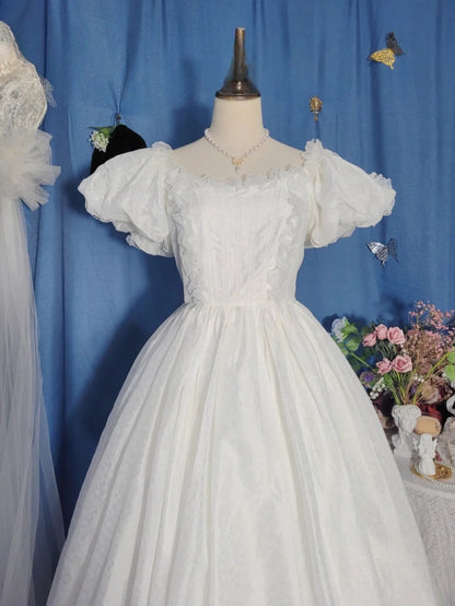 Vintage Wedding Dress Ball Gown Square With Puffy Sleeves White Bridal Gown for Big Day RB9689