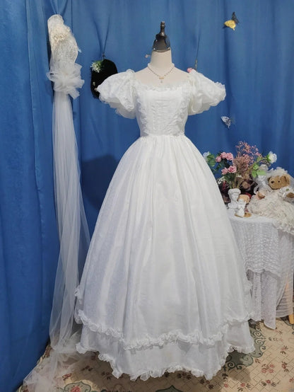 Vintage Wedding Dress Ball Gown Square With Puffy Sleeves White Bridal Gown for Big Day RB9689
