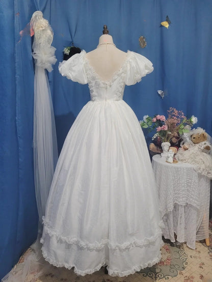 Vintage Wedding Dress Ball Gown Square With Puffy Sleeves White Bridal Gown for Big Day RB9689