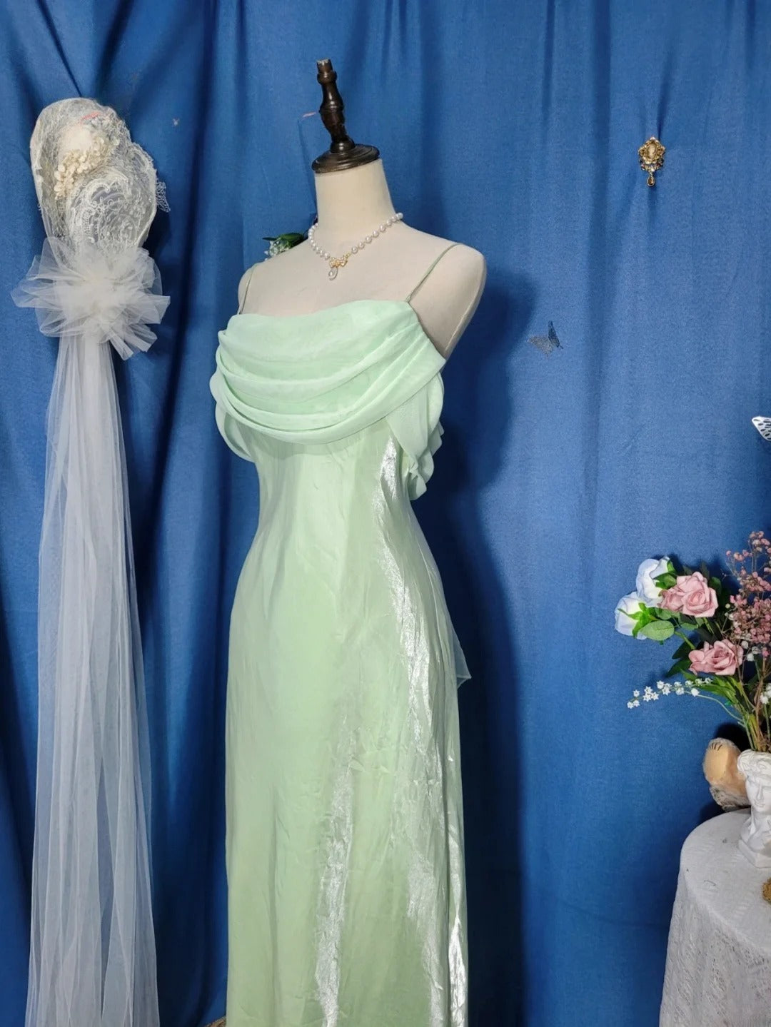 Elegant Mermaid Spaghetti Straps Mint Green Chiffon Prom Dress Floor Length Evening Party Gown RB9690