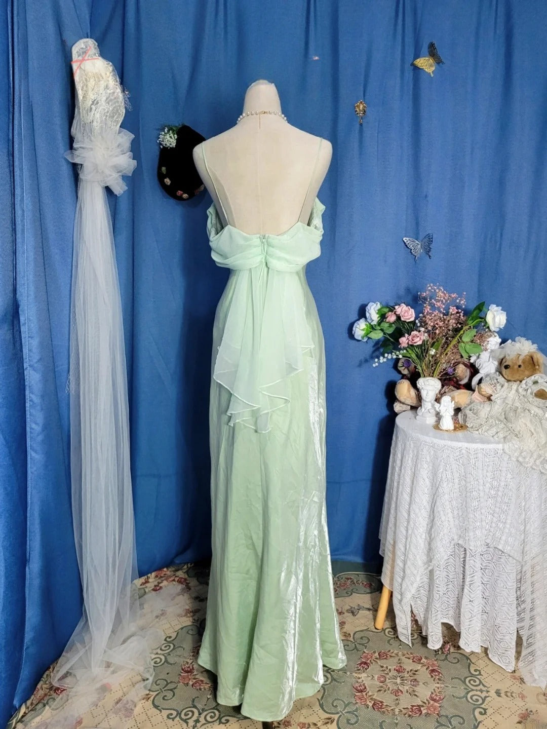 Elegant Mermaid Spaghetti Straps Mint Green Chiffon Prom Dress Floor Length Evening Party Gown RB9690