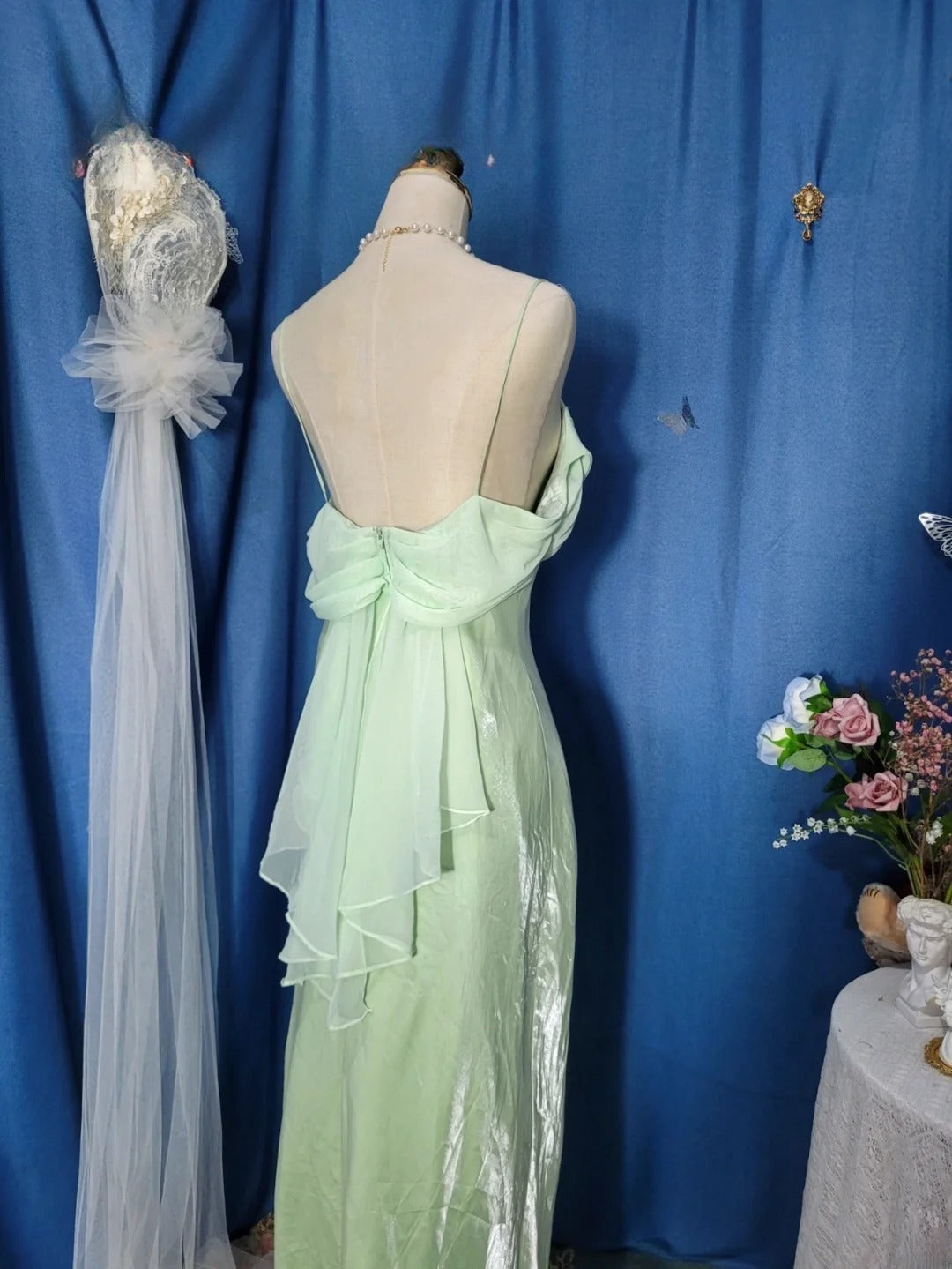 Elegant Mermaid Spaghetti Straps Mint Green Chiffon Prom Dress Floor Length Evening Party Gown RB9690