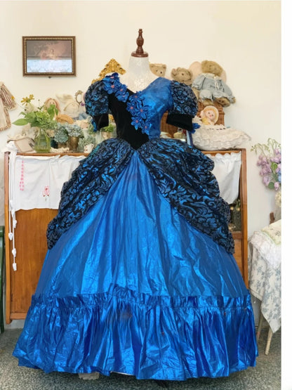 Sweet 16 Dress Satin Ballgown V Neck Royal Blue With 3D Flowers Sweet Sixteen Dress RB9691