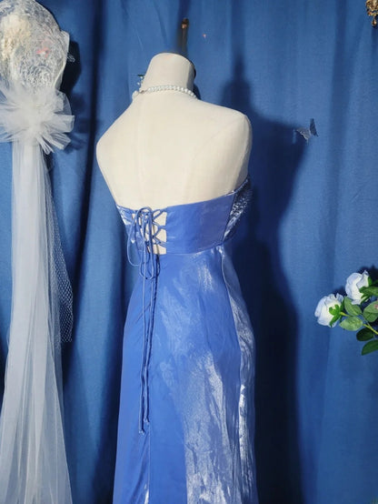 Elegant Mermaid Strapless Blue Satin Prom Dress Floor Length Evening Party Gown RB9692