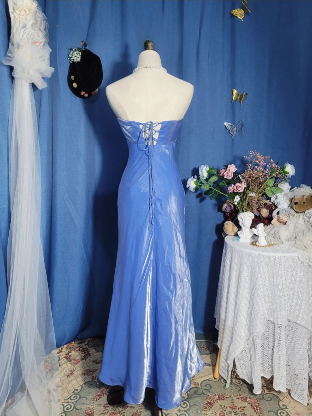 Elegant Mermaid Strapless Blue Satin Prom Dress Floor Length Evening Party Gown RB9692