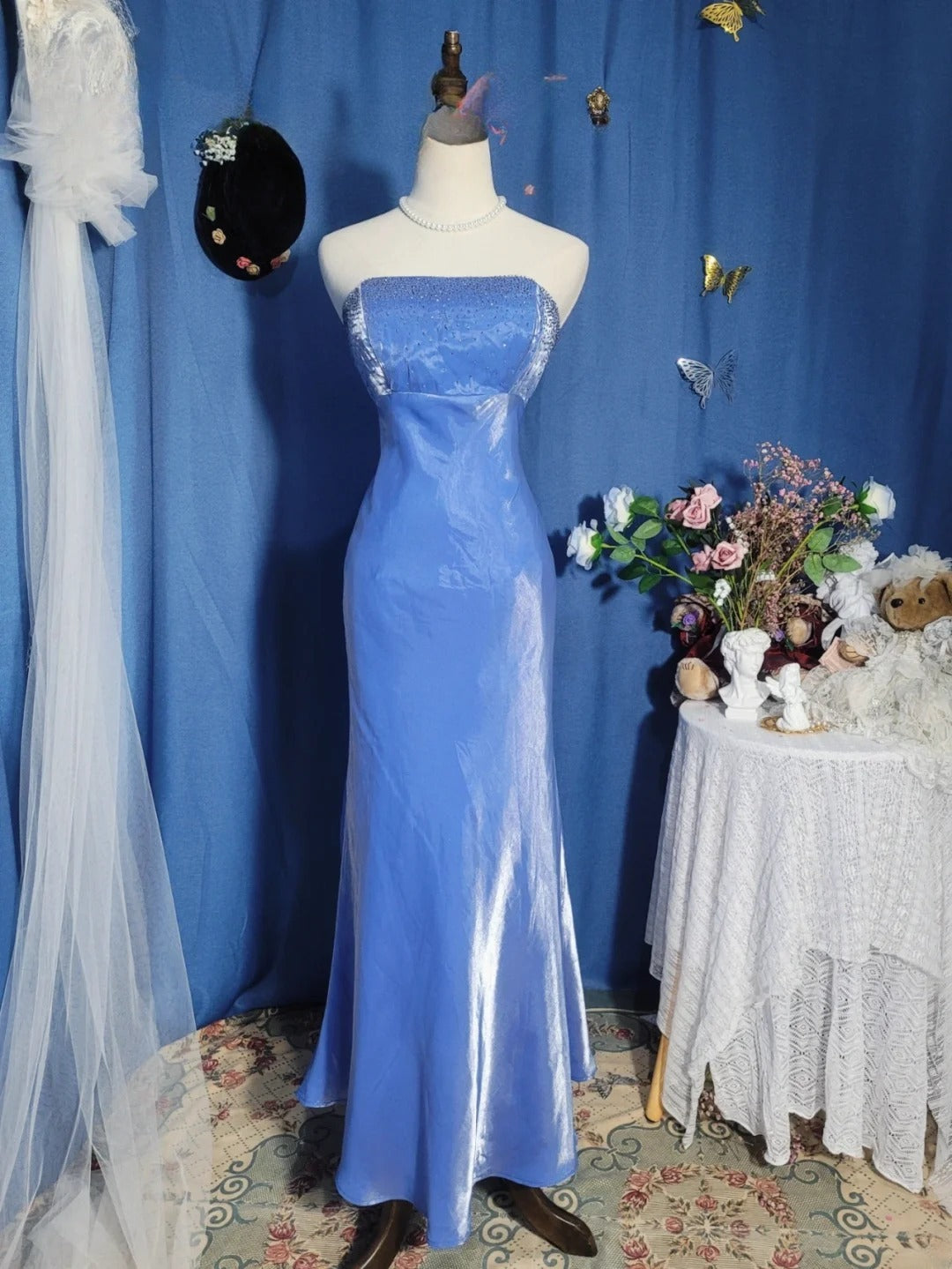 Elegant Mermaid Strapless Blue Satin Prom Dress Floor Length Evening Party Gown RB9692
