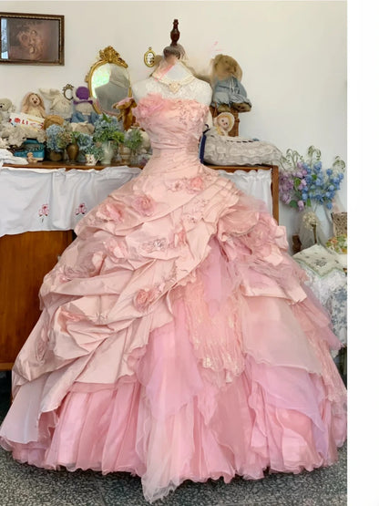 Sweet 16 Dress Ball Gown Strapless Pink With Tiered Layers Vestido De 15 Sweet Sixteen Dress RB9694