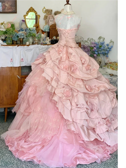 Sweet 16 Dress Ball Gown Strapless Pink With Tiered Layers Vestido De 15 Sweet Sixteen Dress RB9694