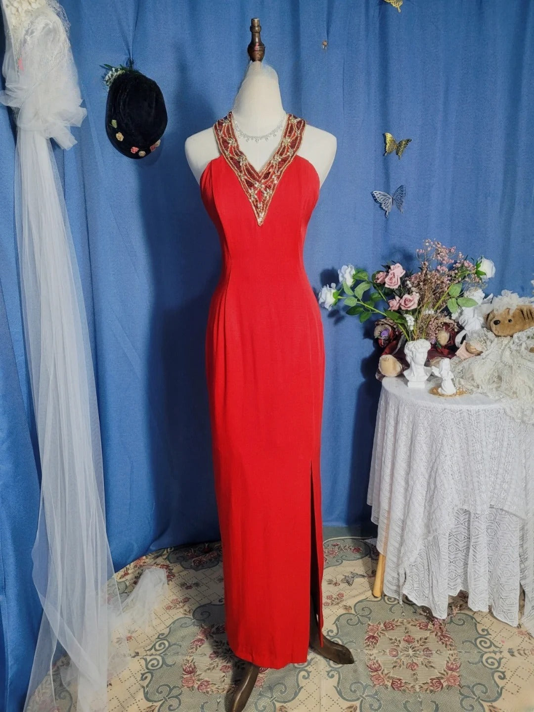 Elegant Mermaid Halter Red With Slit Satin Prom Dress Floor Length Evening Party Gown RB9695