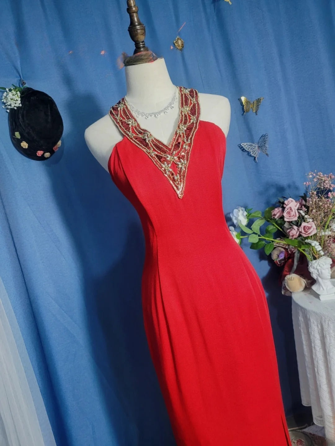 Elegant Mermaid Halter Red With Slit Satin Prom Dress Floor Length Evening Party Gown RB9695