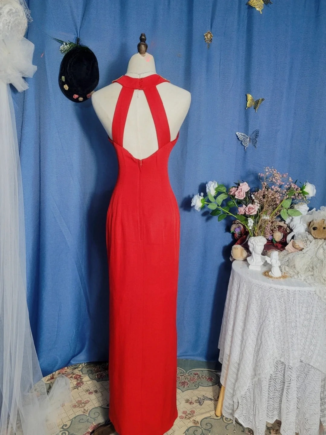 Elegant Mermaid Halter Red With Slit Satin Prom Dress Floor Length Evening Party Gown RB9695