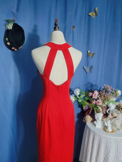 Elegant Mermaid Halter Red With Slit Satin Prom Dress Floor Length Evening Party Gown RB9695