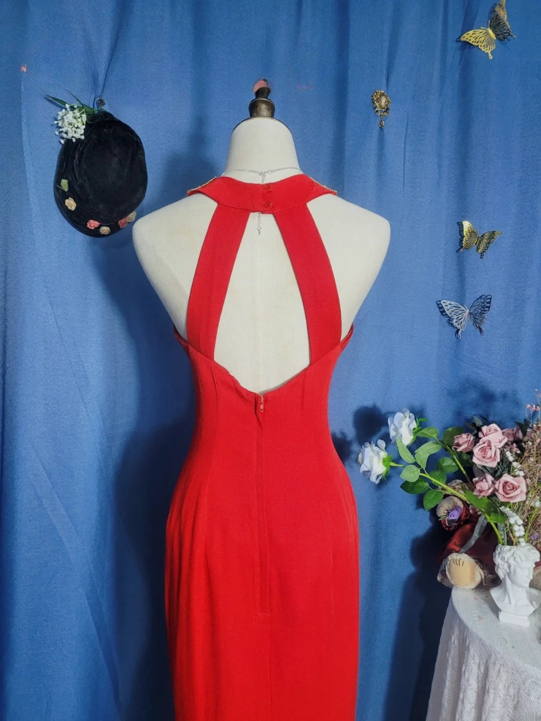 Elegant Mermaid Halter Red With Slit Satin Prom Dress Floor Length Evening Party Gown RB9695