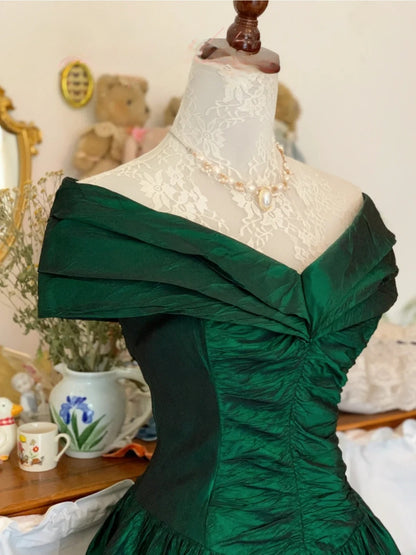 Elegant Ball Gown V Neck Emerald Green Satin Prom Dress Tea Length Evening Party Gown RB9699