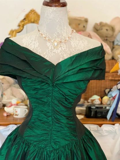 Elegant Ball Gown V Neck Emerald Green Satin Prom Dress Tea Length Evening Party Gown RB9699