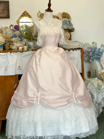 Sweet 16 Dress Satin Ballgown Spaghetti Straps Pink With White Lace Long Sweet Sixteen Dress RB9700