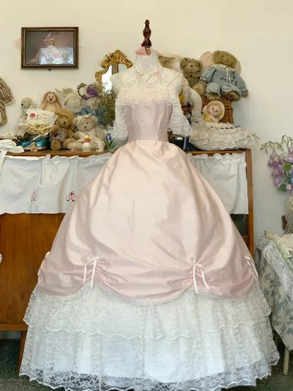 Sweet 16 Dress Satin Ballgown Spaghetti Straps Pink With White Lace Long Sweet Sixteen Dress RB9700