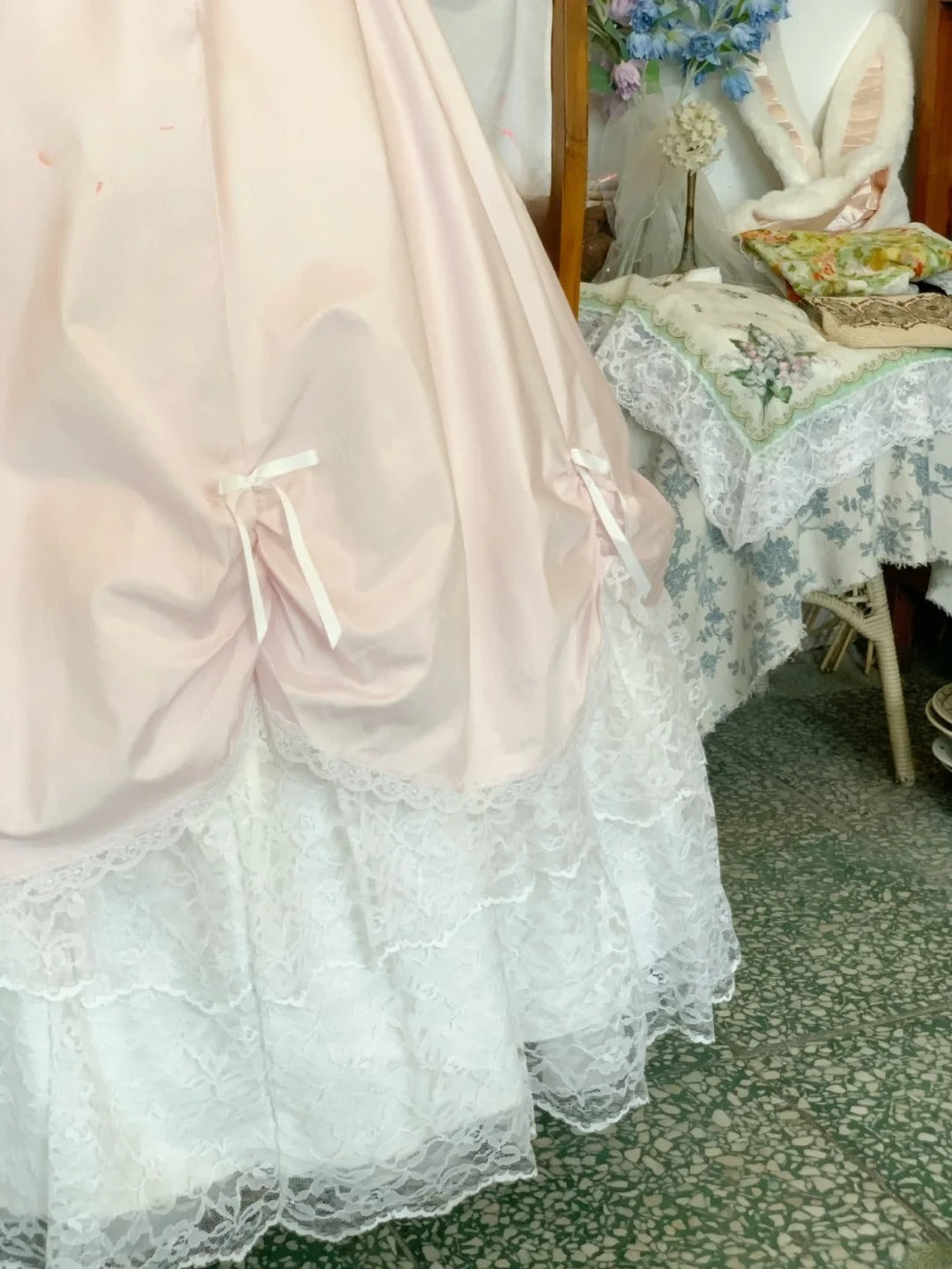 Sweet 16 Dress Satin Ballgown Spaghetti Straps Pink With White Lace Long Sweet Sixteen Dress RB9700