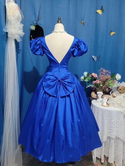 Elegant Ball Gown Scoop Royal Blue Satin Prom Dress Tea Length Evening Party Gown RB9701