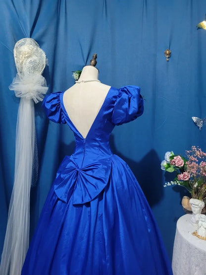 Elegant Ball Gown Scoop Royal Blue Satin Prom Dress Tea Length Evening Party Gown RB9701
