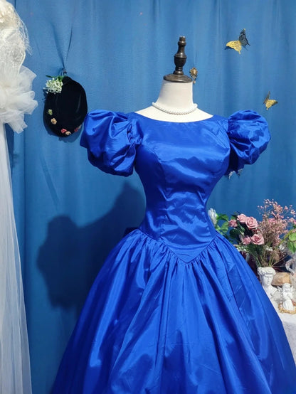 Elegant Ball Gown Scoop Royal Blue Satin Prom Dress Tea Length Evening Party Gown RB9701