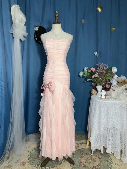 Mermaid Sweetheart Pink Floor Length Ruffled Tulle Prom Dress Formal Graduation Gown  RB9702
