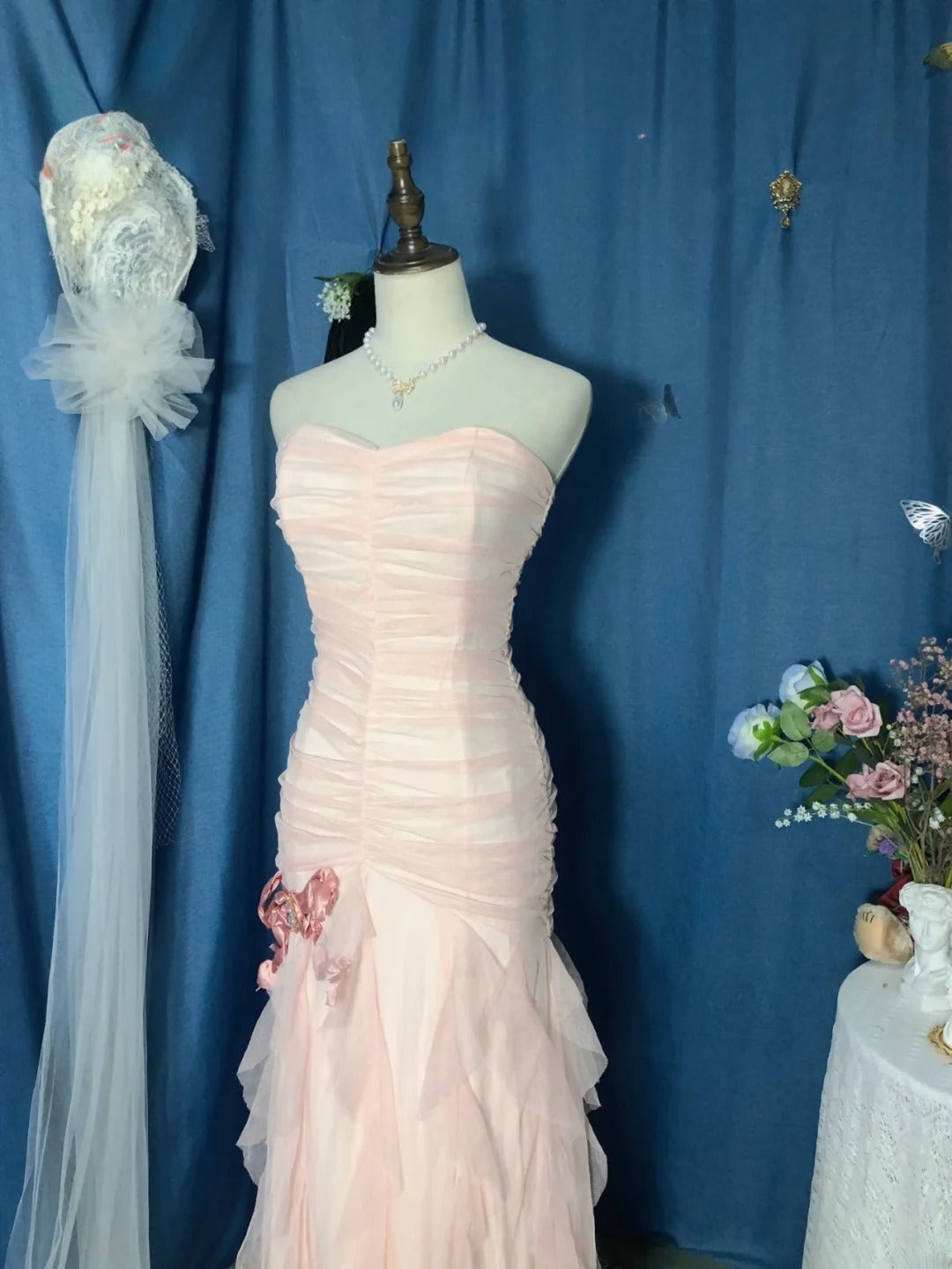 Mermaid Sweetheart Pink Floor Length Ruffled Tulle Prom Dress Formal Graduation Gown  RB9702