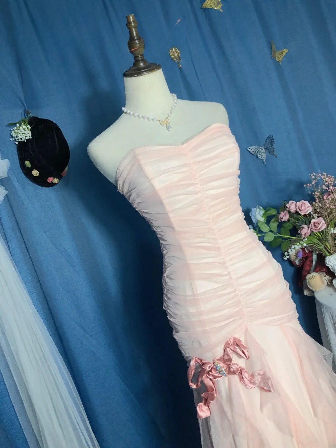 Mermaid Sweetheart Pink Floor Length Ruffled Tulle Prom Dress Formal Graduation Gown  RB9702