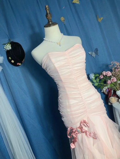 Mermaid Sweetheart Pink Floor Length Ruffled Tulle Prom Dress Formal Graduation Gown  RB9702
