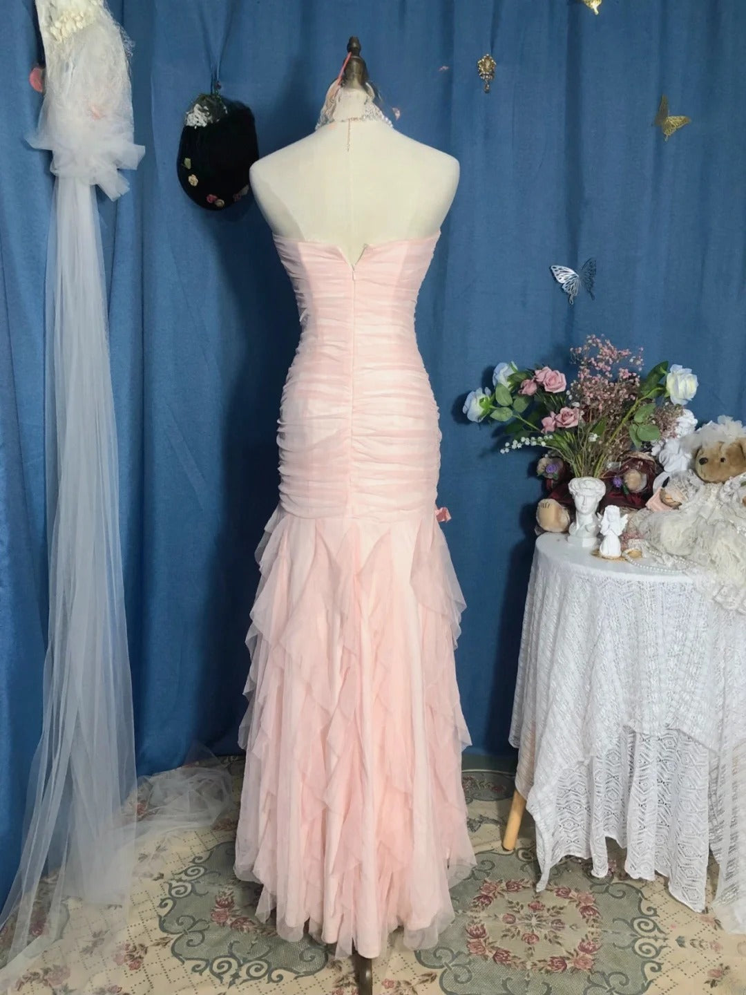 Mermaid Sweetheart Pink Floor Length Ruffled Tulle Prom Dress Formal Graduation Gown  RB9702