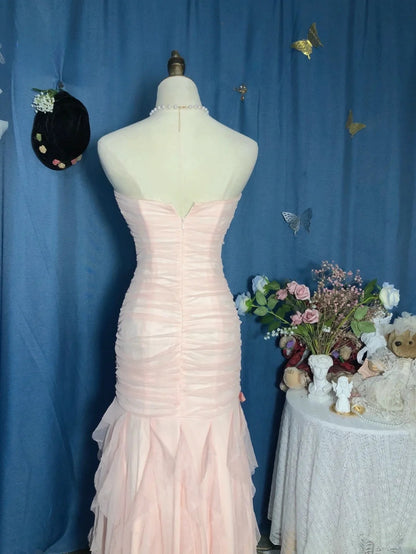Mermaid Sweetheart Pink Floor Length Ruffled Tulle Prom Dress Formal Graduation Gown  RB9702