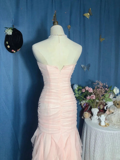 Mermaid Sweetheart Pink Floor Length Ruffled Tulle Prom Dress Formal Graduation Gown  RB9702