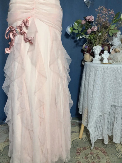 Mermaid Sweetheart Pink Floor Length Ruffled Tulle Prom Dress Formal Graduation Gown  RB9702