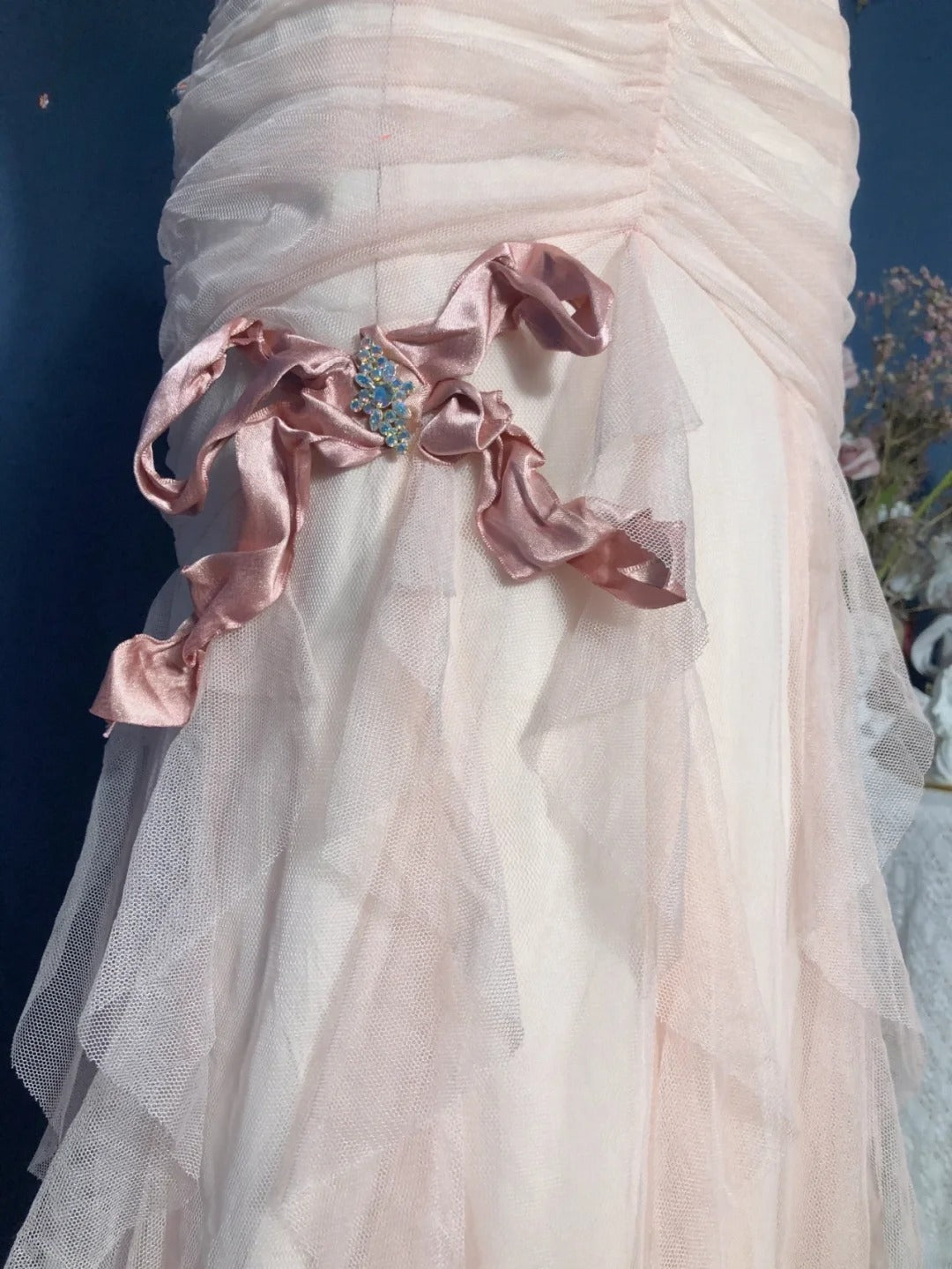 Mermaid Sweetheart Pink Floor Length Ruffled Tulle Prom Dress Formal Graduation Gown  RB9702
