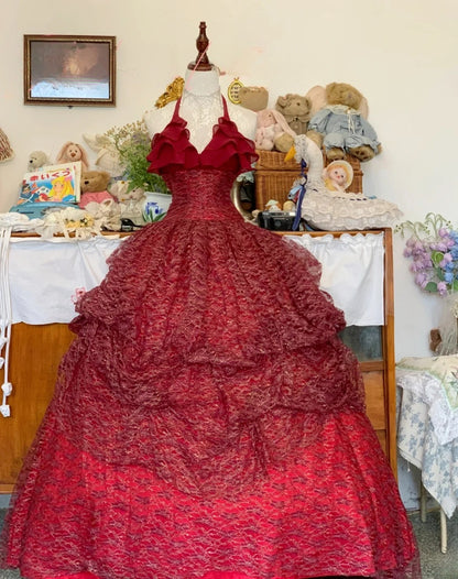 Sweet 16 Dress Lace Ballgown Halter Burgundy With Tiered Ruched Long Sweet Sixteen Dress RB9704