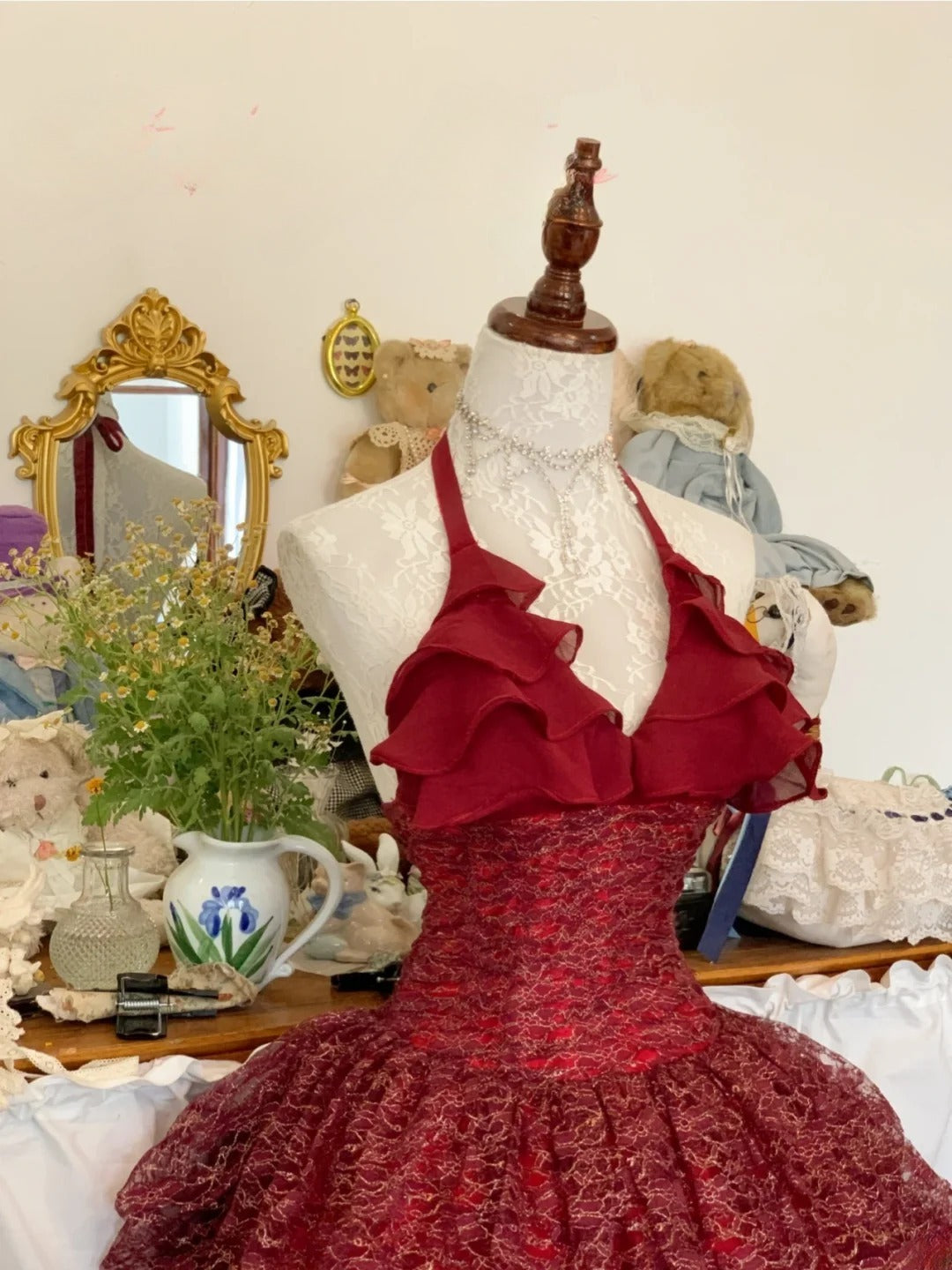 Sweet 16 Dress Lace Ballgown Halter Burgundy With Tiered Ruched Long Sweet Sixteen Dress RB9704