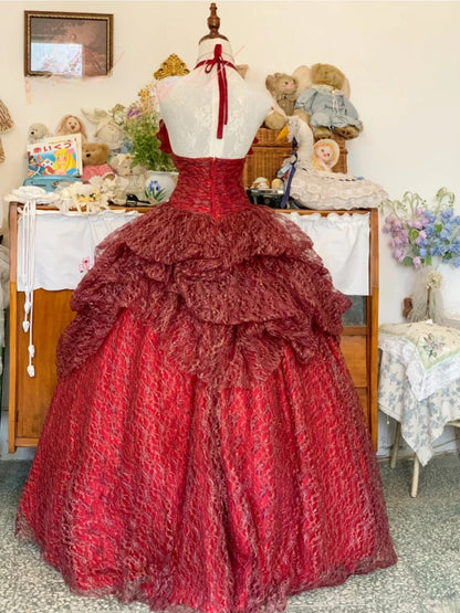 Sweet 16 Dress Lace Ballgown Halter Burgundy With Tiered Ruched Long Sweet Sixteen Dress RB9704