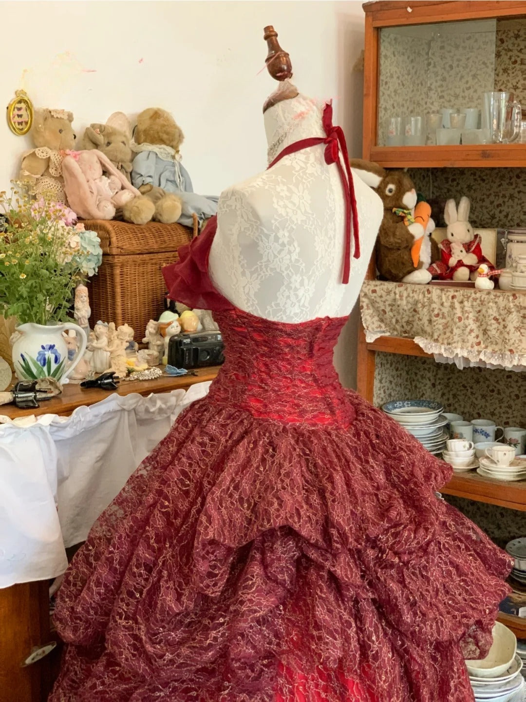 Sweet 16 Dress Lace Ballgown Halter Burgundy With Tiered Ruched Long Sweet Sixteen Dress RB9704