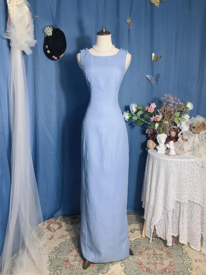 Satin Prom Dress Long Light Sky Blue Sheath Romantic Evening Gown for Prom RB9705