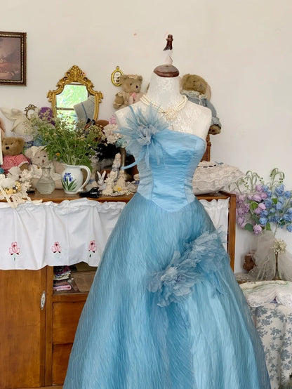 Blue Prom Dress Long Ball Gown One Shoulder With Flowers Romantic Evening Gown for Prom RB9710