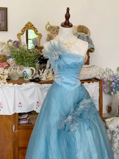 Blue Prom Dress Long Ball Gown One Shoulder With Flowers Romantic Evening Gown for Prom RB9710