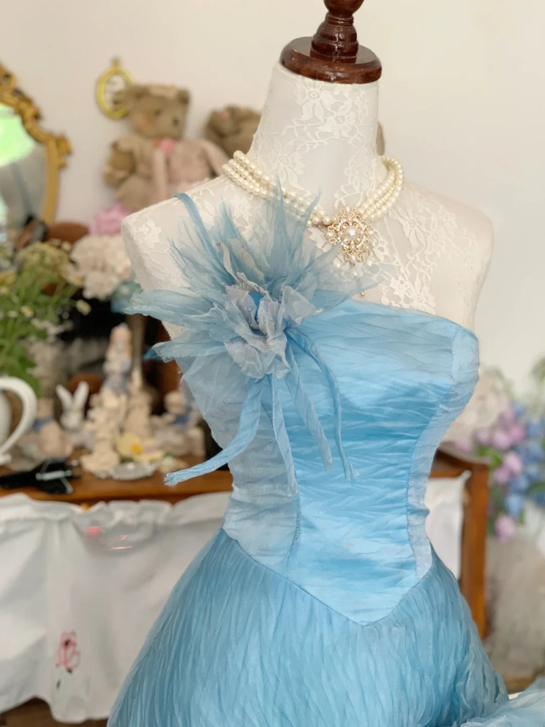 Blue Prom Dress Long Ball Gown One Shoulder With Flowers Romantic Evening Gown for Prom RB9710