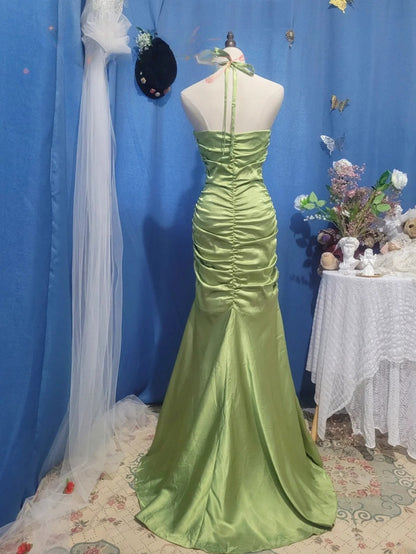 Sage Green Prom Dress Long Mermaid Halter Satin Romantic Evening Gown for Prom RB9720