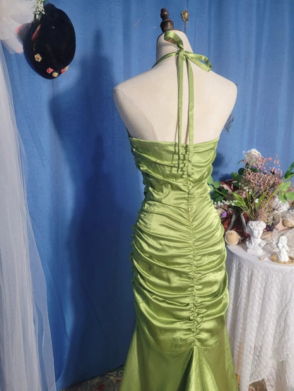 Sage Green Prom Dress Long Mermaid Halter Satin Romantic Evening Gown for Prom RB9720
