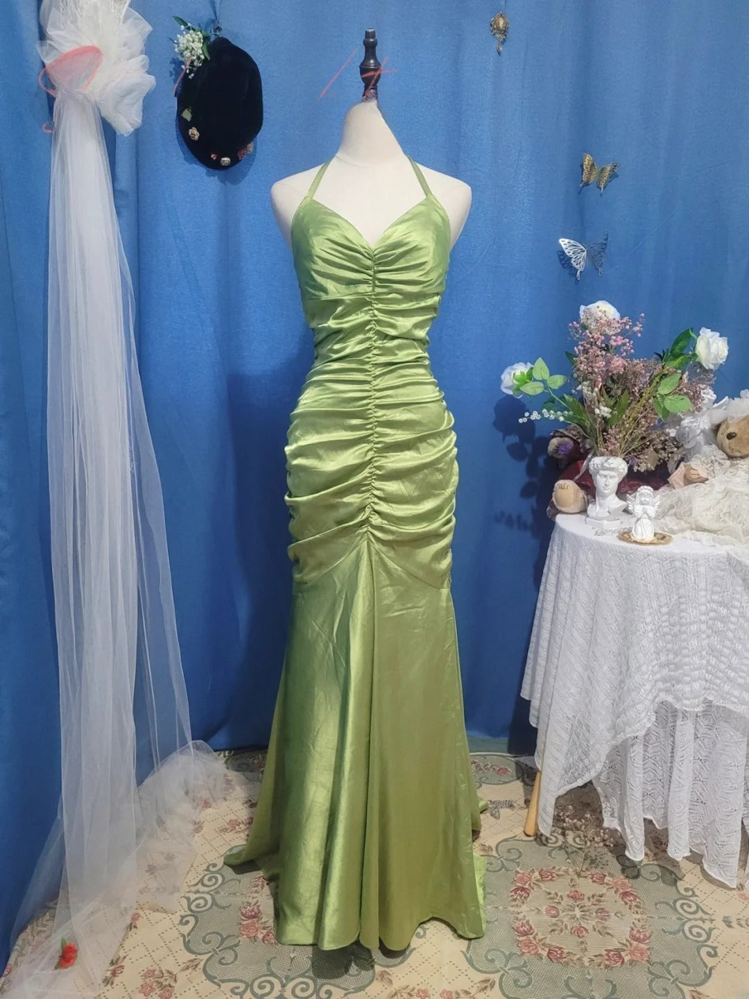 Sage Green Prom Dress Long Mermaid Halter Satin Romantic Evening Gown for Prom RB9720