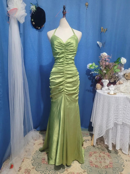 Sage Green Prom Dress Long Mermaid Halter Satin Romantic Evening Gown for Prom RB9720