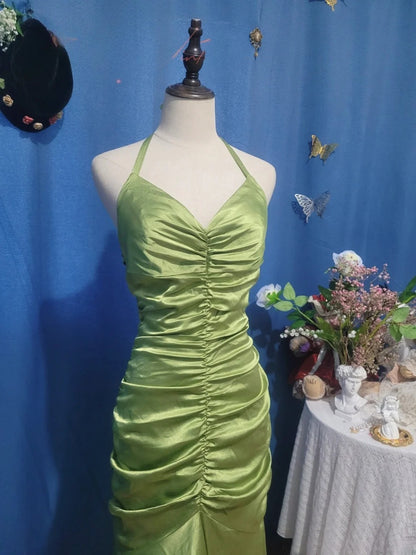 Sage Green Prom Dress Long Mermaid Halter Satin Romantic Evening Gown for Prom RB9720