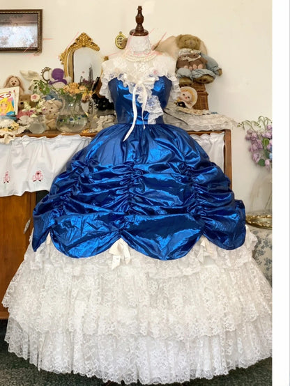Sweet 16 Dress Satin Ballgown Royal Blue White Lace With Ruched Satin Sweet Sixteen Dress RB9721