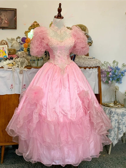 Sweet 16 Dress Ball Gown High Neck Pink With Lace Appliques Vestido De 15 Sweet Sixteen Dress RB9722